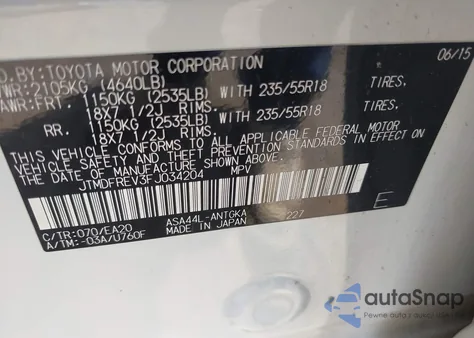 2015 Toyota Rav4 Limited из США, поврежденный, VIN JTMDFREV3FJ034204